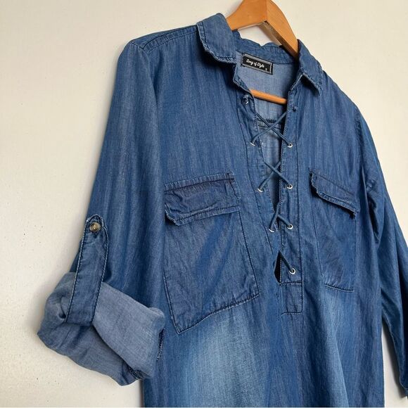 Song of Style Chambray Dress Blue Denim Lace Up Front Roll Up Tab Sleeves Small - Picture 4 of 9